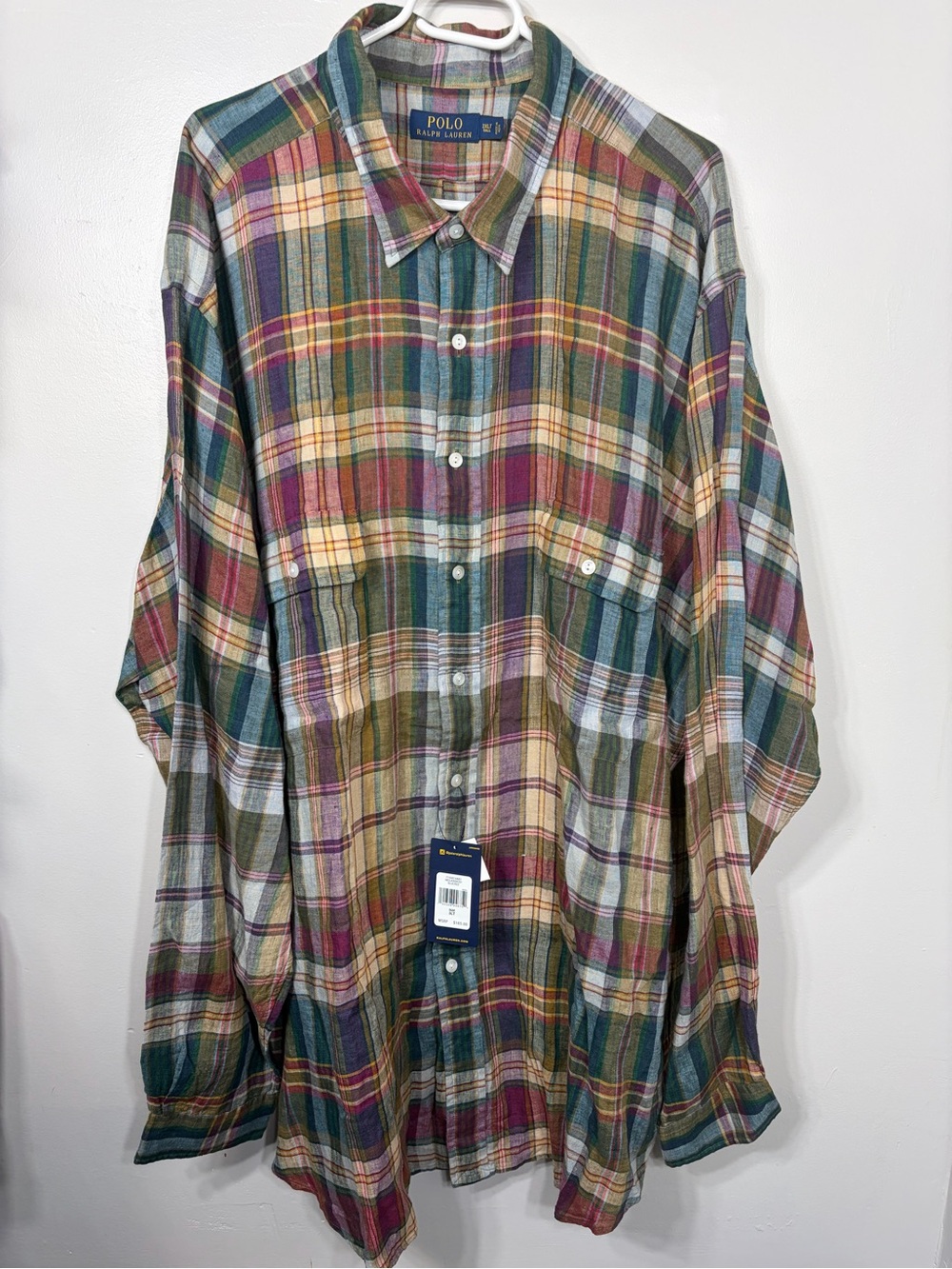 NWT Polo Ralph Lauren 3XLT Big & Tall Plaid 100% Linen Button Down Shirt Multi
